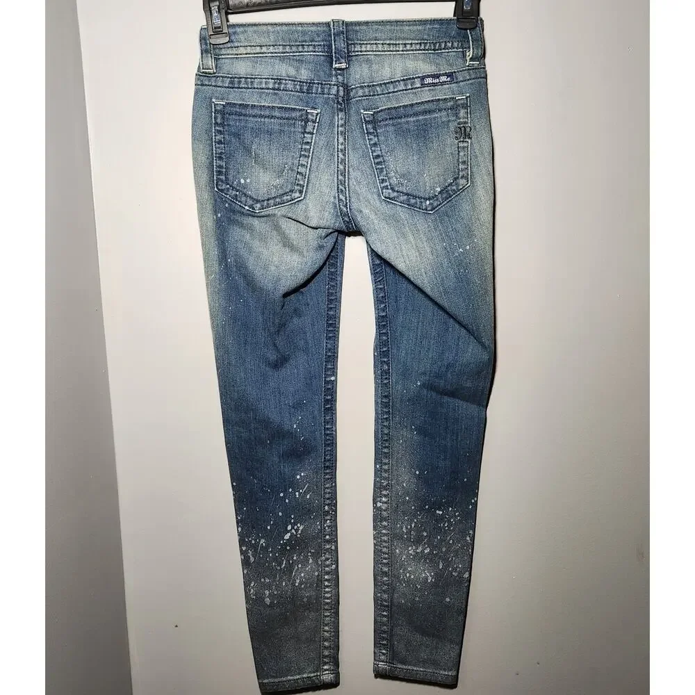 Miss Me Mid Rise Skinny Jeans Women's 26 Blue Denim Paint Splatter Distressed